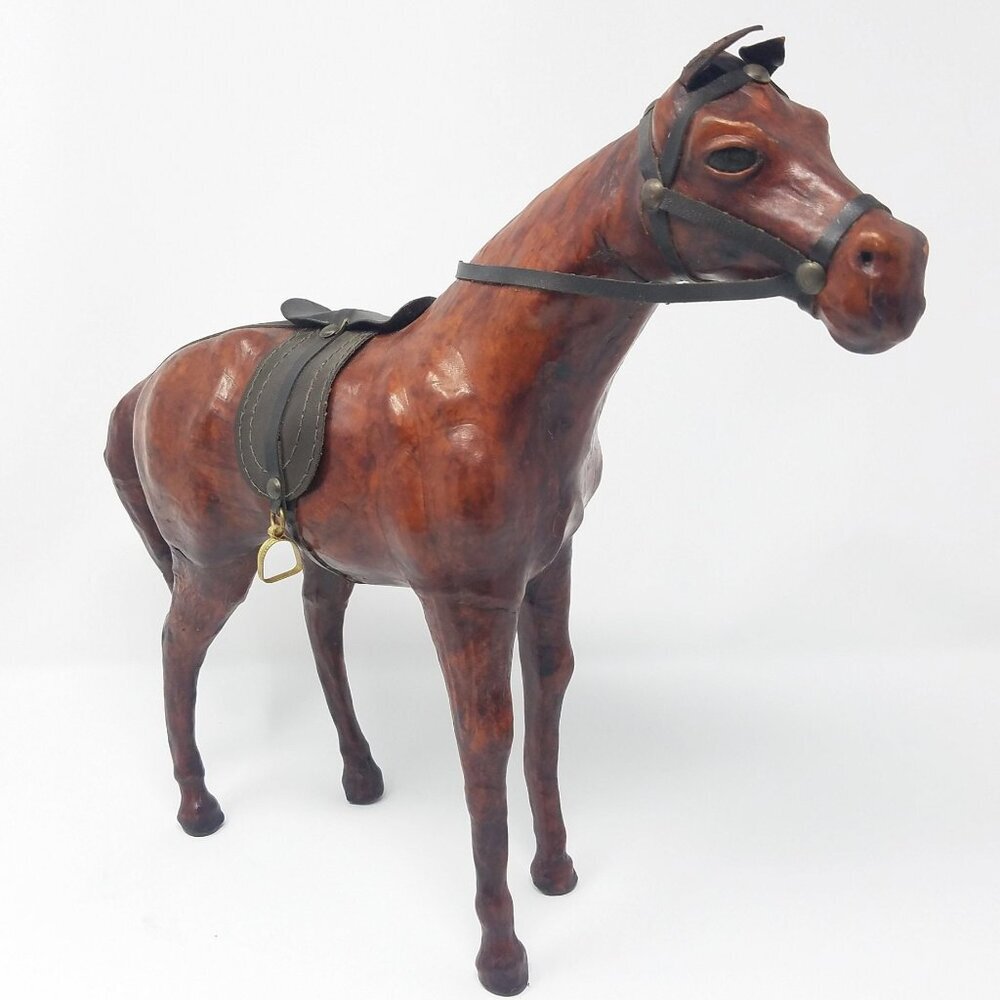 Vintage leather wrapped horse figurine saddle reigns stirrups Equestrian‎ statue